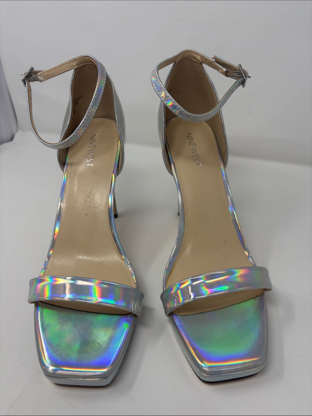Nine West Silver Holographic Ankle Strap Square Toe Heel Sandals Size 9.5